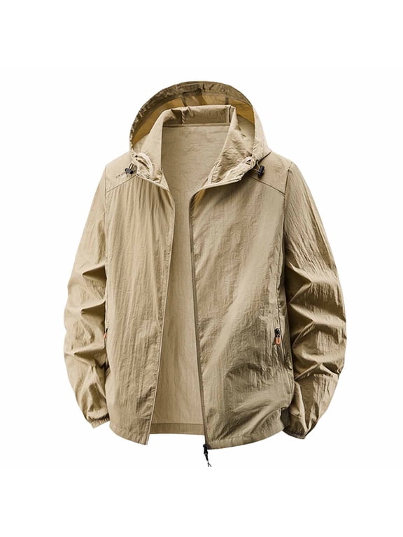 Mens Spring Summer Lightweight Windbreaker Jacket Waterproof Rain Jacket with Hood Soft Shell Outdoor Jacket Khaki
