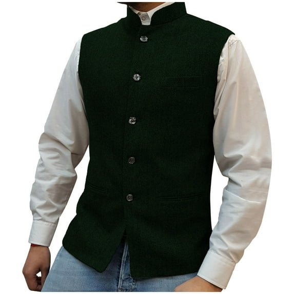 RYDCOT Mens Stand up Collar Single Breasted Multi Pockets Suit Vests Solid Color Fashion Casual Top Army Green