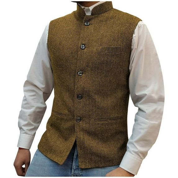 RYDCOT Mens Stand up Collar Single Breasted Multi Pockets Suit Vests Solid Color Fashion Casual Top Brown