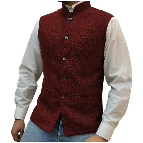 RYDCOT Mens Stand up Collar Single Breasted Multi Pockets Suit Vests Solid Color Fashion Casual Top Wine