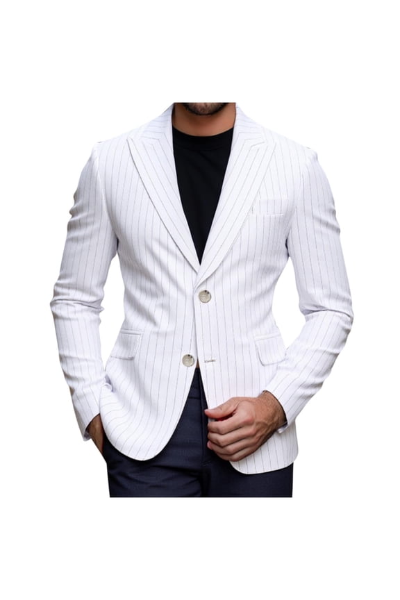 Mens Strip Blazer Jacket Casual 2 Buttons Suit Dress Jacket Single Breasted Sport Coats Modern Wedding Tux Blazer White