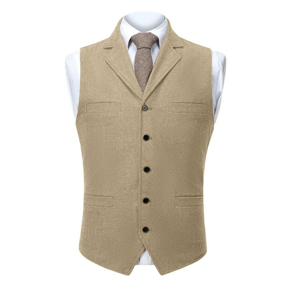 RYDCOT Mens Suit Vest Lapel Single Breasted Multi Pockets Suit Herringbone V Neck Waistcoat Sleeveless Top Beige