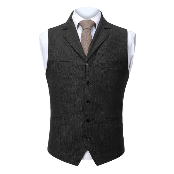RYDCOT Mens Suit Vest Lapel Single Breasted Multi Pockets Suit Herringbone V Neck Waistcoat Sleeveless Top Black