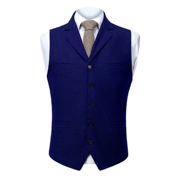 RYDCOT Mens Suit Vest Lapel Single Breasted Multi Pockets Suit Herringbone V Neck Waistcoat Sleeveless Top Dark Blue