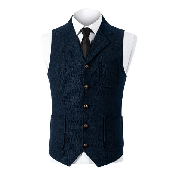 RYDCOT Mens Suit Vest Lapel Single Breasted Multi Pockets Suit Herringbone V Neck Waistcoat Sleeveless Top Navy