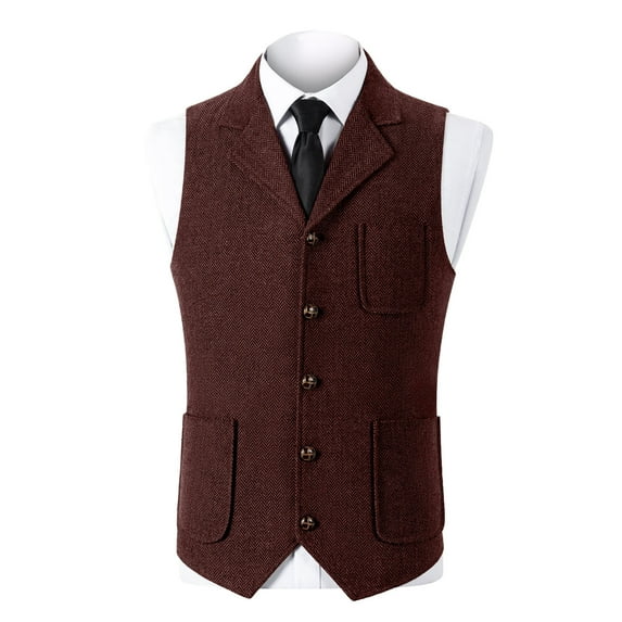 RYDCOT Mens Suit Vest Lapel Single Breasted Multi Pockets Suit Herringbone V Neck Waistcoat Sleeveless Top Wine