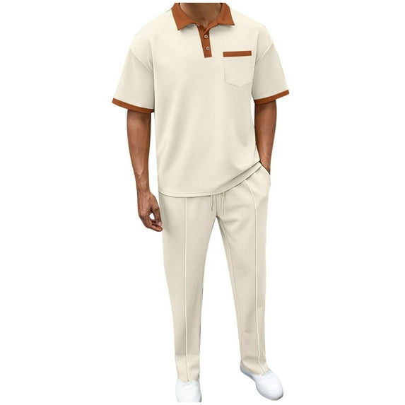 RYDCOT Mens Summer 2 Piece Outfits Short Sleeve Sets Beach Waffle 1/4 Button Polo Shirts Casual Loose Straight Leg Pant Loungewear Khaki