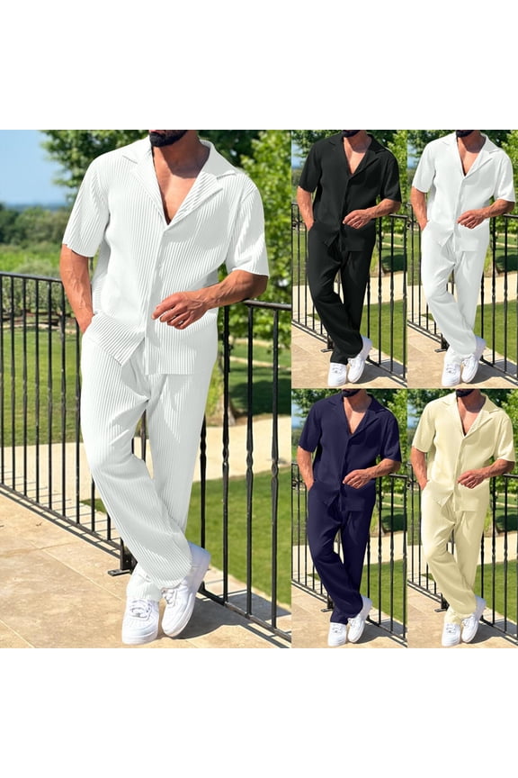 Mens Summer 2 Piece Set Casual Outfits Button Down Short Sleeve Shirt & Loose Pants Knit Textured Striped Tracksuit Walking Suits White