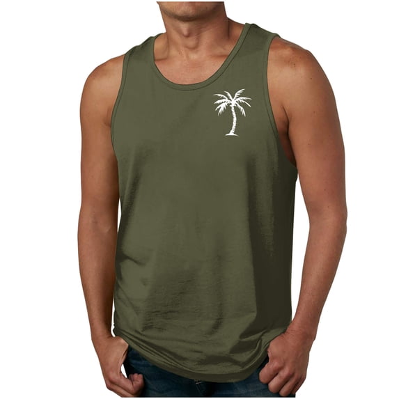 RYDCOT Mens Summer Beach Cotton Tank Top Hawaiian Palm Tree Print Sleeveless Muscle Basic Tee Vacation Tops Army Green