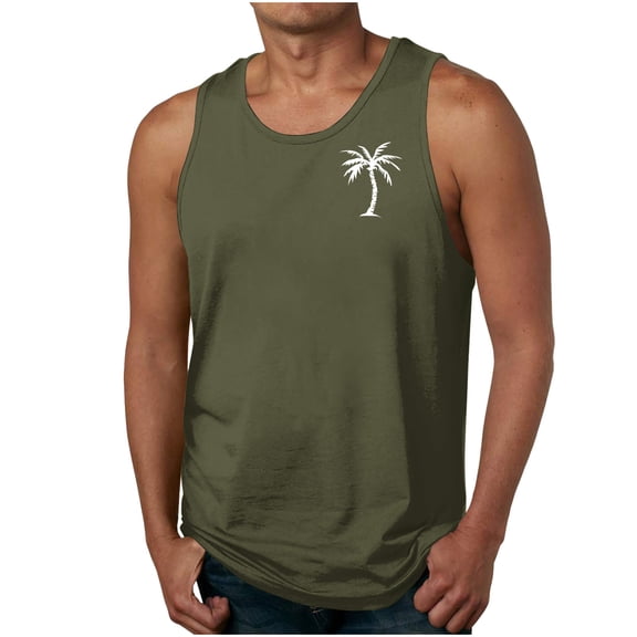 RYDCOT Mens Summer Beach Cotton Tank Top Hawaiian Palm Tree Print Sleeveless Muscle Basic Tee Vacation Tops Army Green