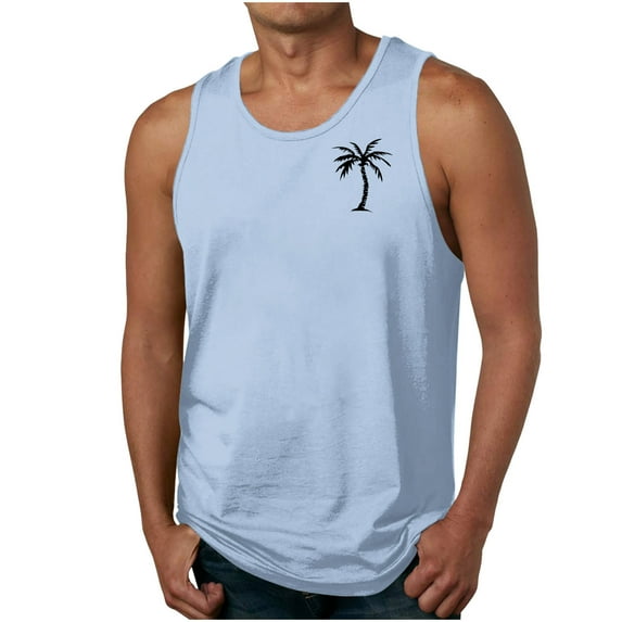 RYDCOT Mens Summer Beach Cotton Tank Top Hawaiian Palm Tree Print Sleeveless Muscle Basic Tee Vacation Tops Light Blue
