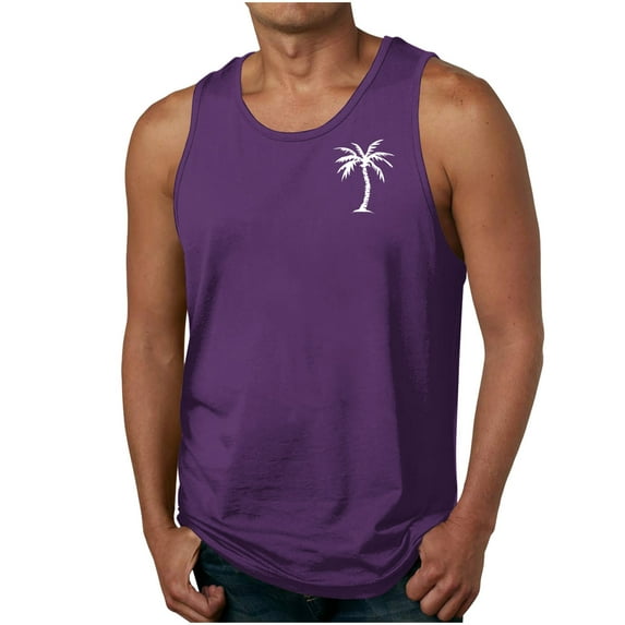 RYDCOT Mens Summer Beach Cotton Tank Top Hawaiian Palm Tree Print Sleeveless Muscle Basic Tee Vacation Tops Purple