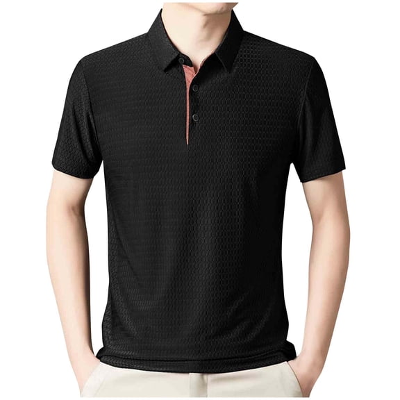 RYDCOT Mens Summer Ice Silk Short Sleeve Bubble Jacquard Polo Shirts Business Casual Solid Color Collar Thin Gentleman Super Stretch Tshirt Black