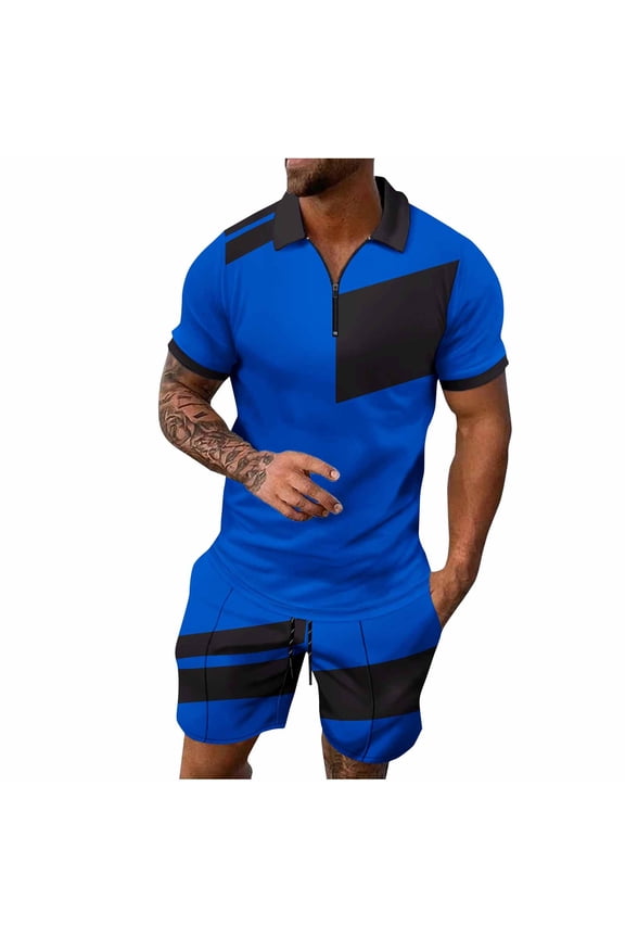 Mens Summer Track Suits Shorts Short Sleeve Sweatsuit Outfits Half Zip Lapel Color Block Shirts Black M(M)