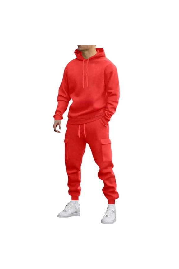 Mens Sweatsuits 2 Piece Set Fleece Hoodies Pullover and Cargo Sweatpants Set Casual Athletic Tracksuits Winter Jogging Suit Red