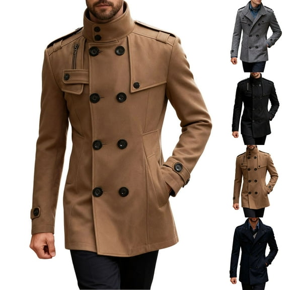 RYDCOT Mens Trench Coat Double Breasted Notched Stand Collar Pea Coat Casual Fall Winter Warm Mid Long Slim Fit Woolen Jacket Overcoat Windbreaker Navy