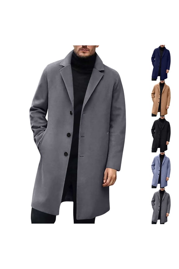 Mens Trench Coat Single Breasted Mid Long Jacket Casual Windbreaker Lapel Button Overcoat with Pocket Navy