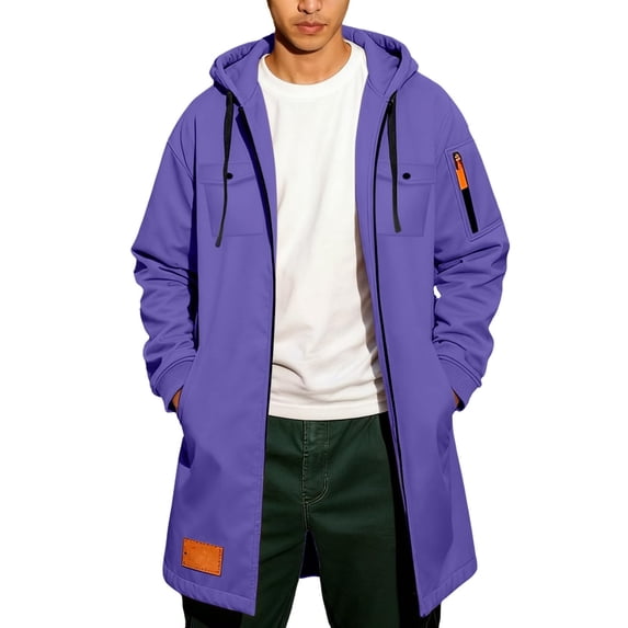 RYDCOT Mens Trench Coat Wool Blend Hoodie Long Jacket Full Zip Winter Classic Business Overcoat with Zipper Pocket Purple