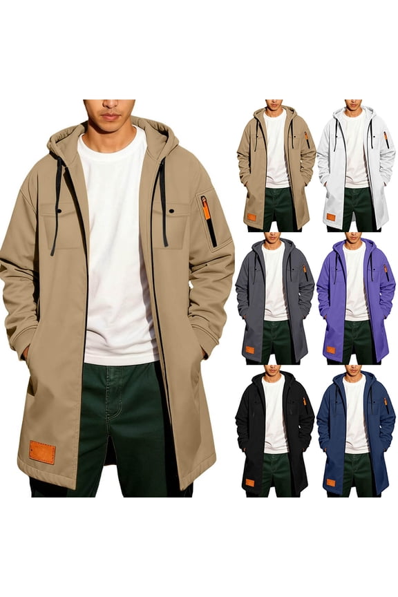 Mens Trench Coat Wool Blend Hoodie Long Jacket Full Zip Winter Classic Business Overcoat with Zipper Pocket White