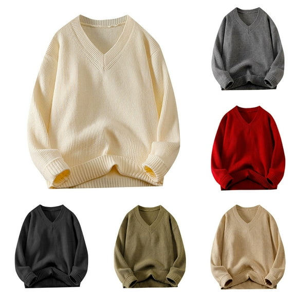 RYDCOT Mens V-Neck Fashionable Solid Color Pullover Sweater Cable Knit Long Sleeve Casual Sweater White