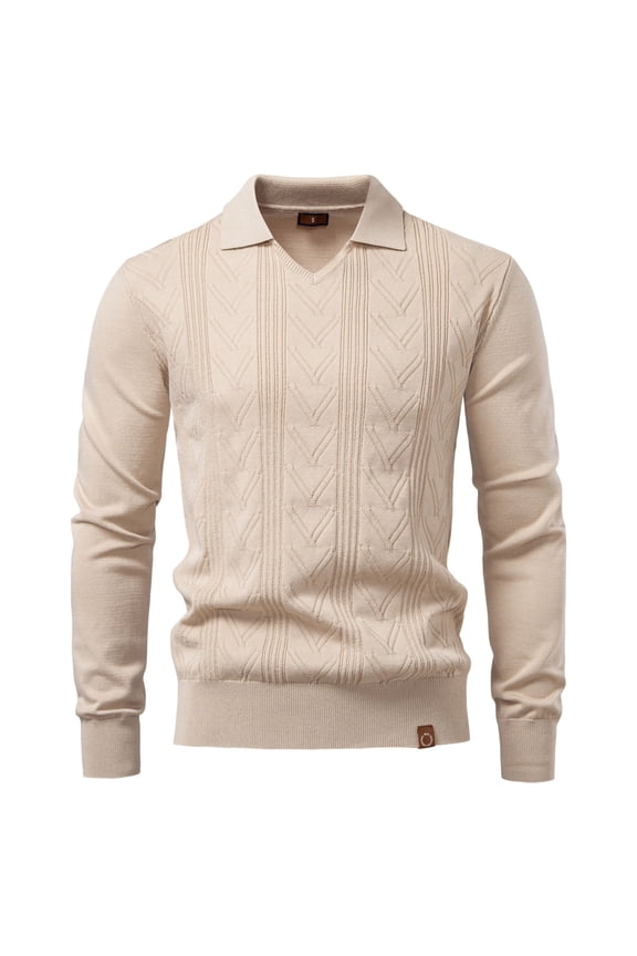 Mens V Neck Knit Polo Sweaters Long Sleeve Jacquard Textured Cable Vintage Casual Dress Pullover Old Money Tops for Spring Fall Beige