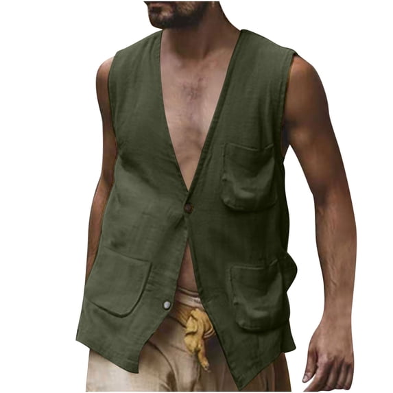 RYDCOT Mens V-Neck Sleeveless Summer Shirts Beach Cotton Linen Tank Tops with Muti Pocket Button up Vest Shirt for Vacation Army Green