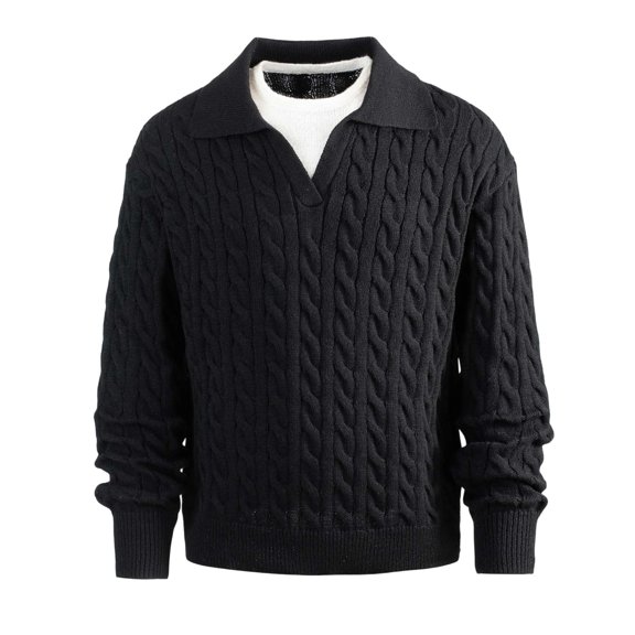 RYDCOT Mens V Neck Sweater Cable Knit Long Sleeve Casual Solid Color Loose Pullover Knitted Sweaters Black