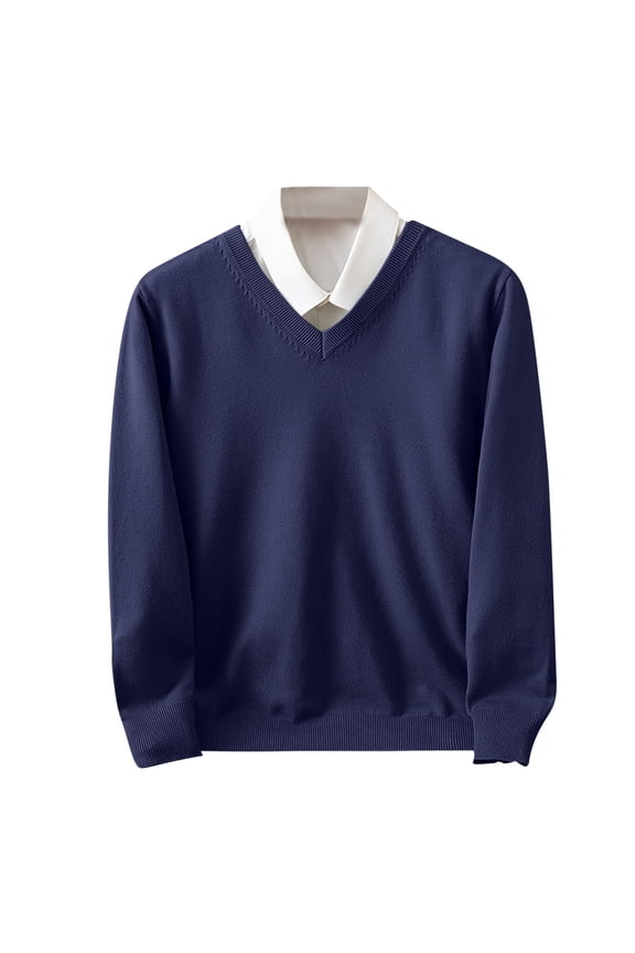 Mens V Neck Sweater Casual Cable Knit Slim Fit Pullover Long Sleeve Fall Winter Sweaters Navy