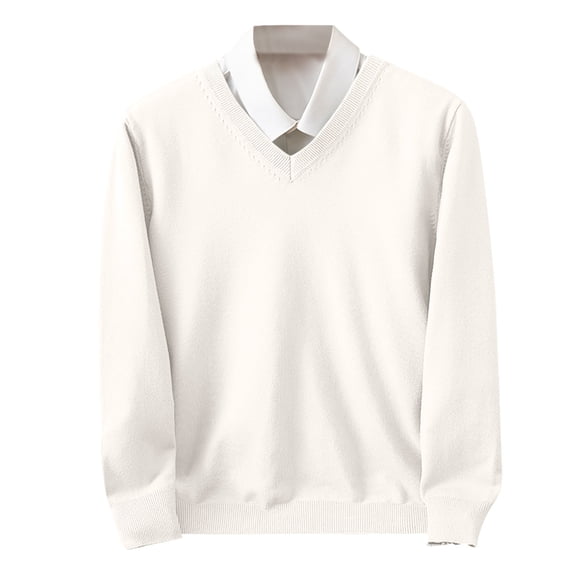 RYDCOT Mens V Neck Sweater Casual Cable Knit Slim Fit Pullover Long Sleeve Fall Winter Sweaters White