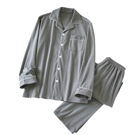 RYDCOT Mens Velvet Fleece Pajama Set Warm & No Bulky Notched Collar Long Sleeve Ultra Soft Strip Sleepwear PJ Top & Bottom Loungewear Pjs Set for Men Gray