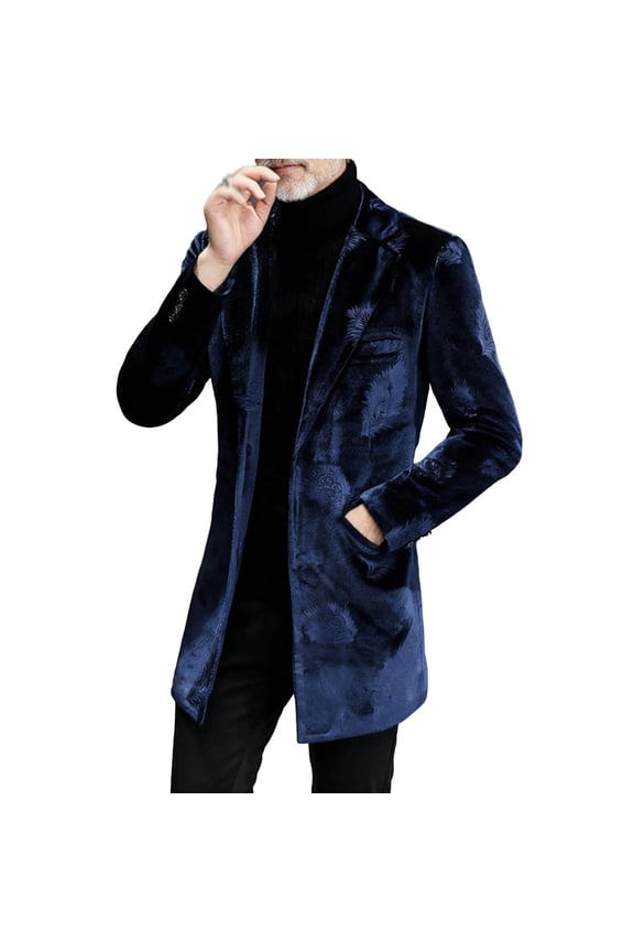 Mens Velvet Tuxedo Floral Blazer Jacket Two Button Cotton Sport Coat Solid Thicken Warm Suit Dress Jackets for Dinner Prom Party Wedding Blue
