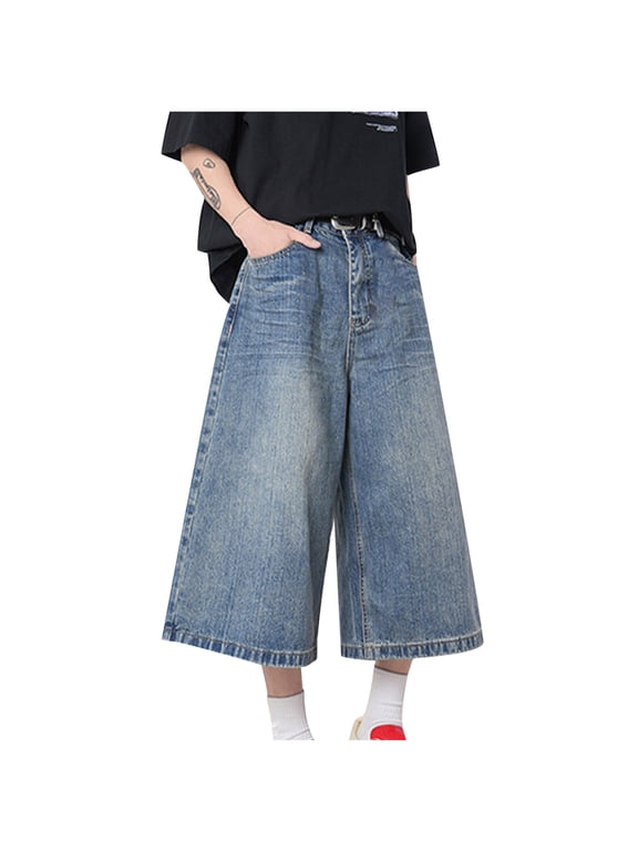 Mens Vintage Baggy Washed Jean Shorts Loose Fit Denim Shorts Men Summer Casual Plaid Jorts Y2k Hip Hop Short Jeans Streetwear Clothes Big and Tall Capris Jeans Blue
