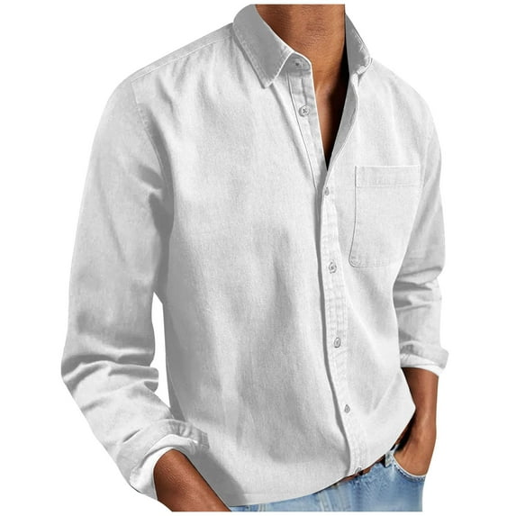 RYDCOT Mens Vintage Long Sleeve Button Down Shirts Classic Lapel Solid Colors for Business or Casual Wear White 4(M)