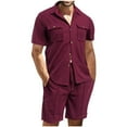 thumbnail image 1 of RYDCOT Mens Waffle 2 Piece Summer Beach Outfits Vacation Short Sets Casual Short Sleeve Button Down Matching Cargo Shirt and Shorts Set with Pockets Wine, 1 of 9