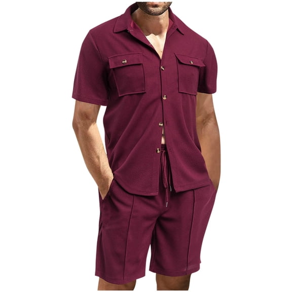 RYDCOT Mens Waffle 2 Piece Summer Beach Outfits Vacation Short Sets Casual Short Sleeve Button Down Matching Cargo Shirt and Shorts Set with Pockets Wine