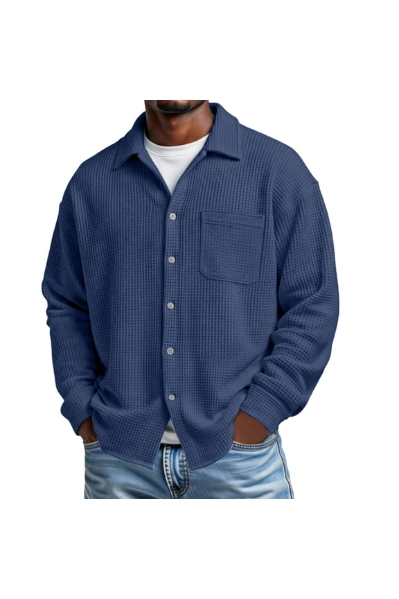 Mens Waffle Corduroy Lightweight Shirt Jacket Button Down Long Sleeve Shacket Casual Fall Warm Work Stylish Jackets with Flap Pocket Navy
