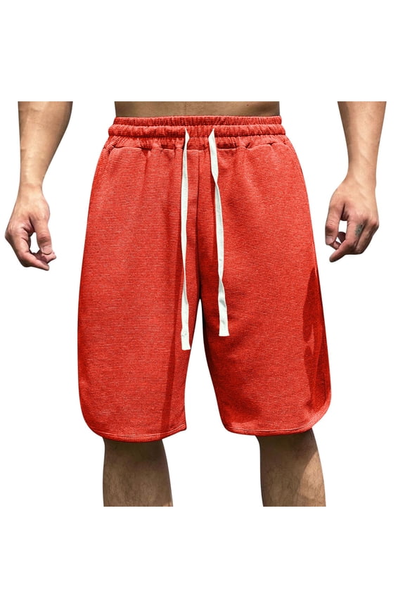 Mens Waffle Knit Gym Shorts | Mid Weight Fleece Jogger Sweat Shorts|Drawstring & Pockets Orange