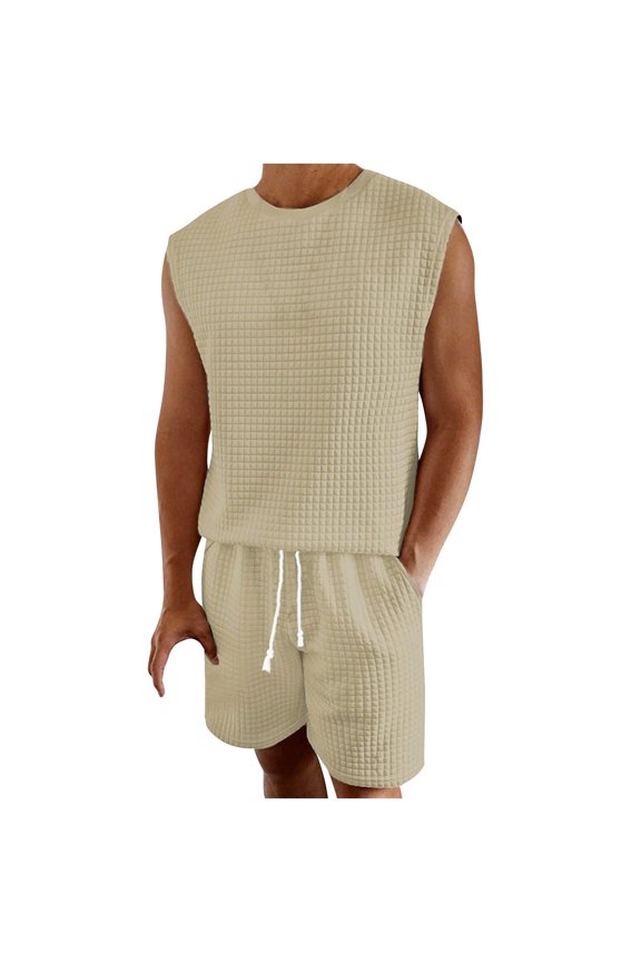 Mens Waffle Knit Shorts Sets 2 Piece Outfits Sleeveless Summer Beach Tank Tops and Shorts Casual Small Plaid Texture Jacquard Loungewear Sets Suits Khaki
