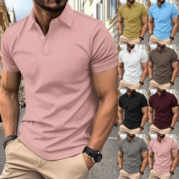 RYDCOT Mens Waffle Texture Polo Shirts Short Sleeve Casual T-Shirts Breathable Moisture Wicking Collared Golf Shirt Yellow