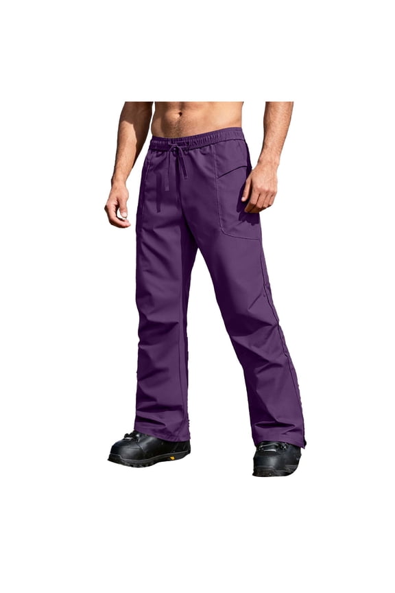 Mens Waterproof Snow Ski Pants, Outdoor Fishing Fleece Lined Insulated Soft Shell Winter Pants with Detachable Inner Lining and Adjustable Drawstring Purple