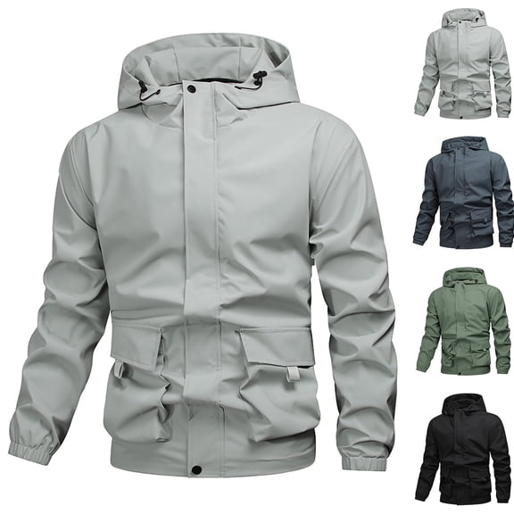 RYDCOT Mens Windproof Jacket Waterproof Lightweight Mountain Sport Outdoor Cargo Jacket for Men Hooded Windbreaker Raincoat Gray