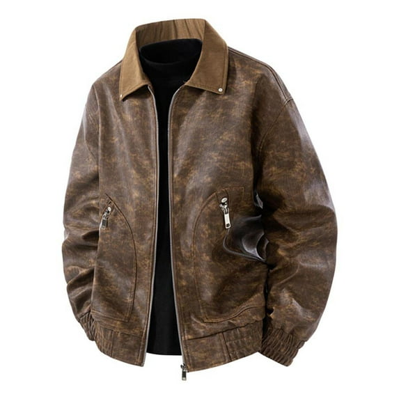 RYDCOT Mens Winter Leather Jacket Solid Color Retro Zipper Warm Coat Lapel Collar PU Leather Jacket Fashion Outerwear Coffee XXXXL(XXXXL)