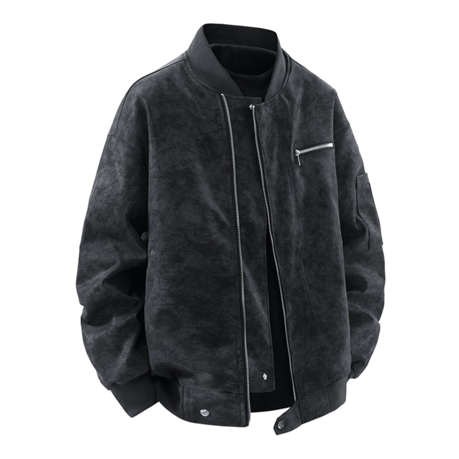 RYDCOT Mens Winter Leather Jacket Solid Color Zipper Warm Coat Stand up Collar PU Leather Jacket Fashion Outerwear Black XXXXL(XXXXL)