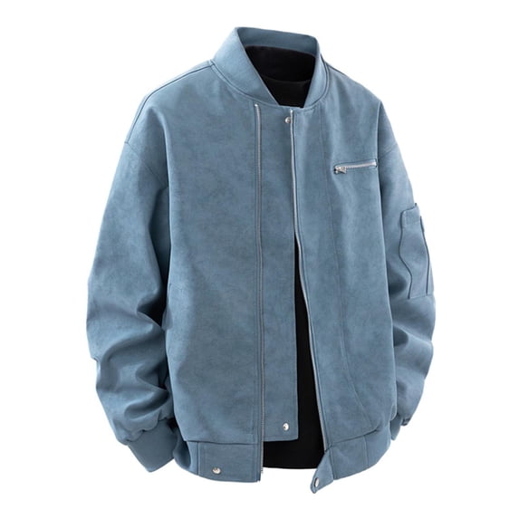 RYDCOT Men's Long Sleeved Stand Collar PU Leather Workwear Jacket Solid Color Zipper Cardigan Top Blue