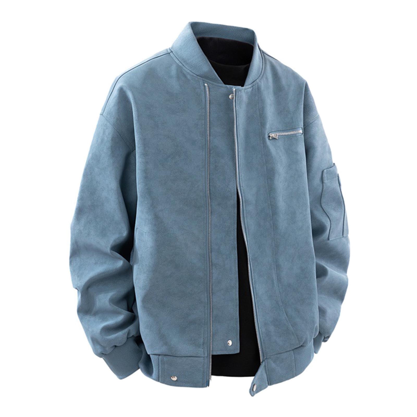 RYDCOT Mens Winter Leather Jacket Solid Color Zipper Warm Coat Stand up Collar PU Leather Jacket Fashion Outerwear Blue XXXL(XXXL)