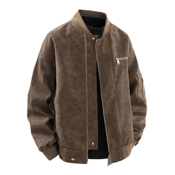 RYDCOT Men's Long Sleeved Stand Collar PU Leather Workwear Jacket Solid Color Zipper Cardigan Top Coffee