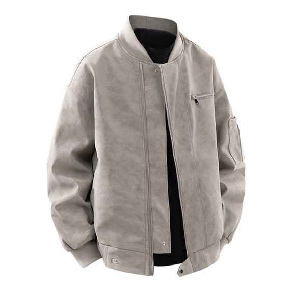 RYDCOT Men's Long Sleeved Stand Collar PU Leather Workwear Jacket Solid Color Zipper Cardigan Top Khaki