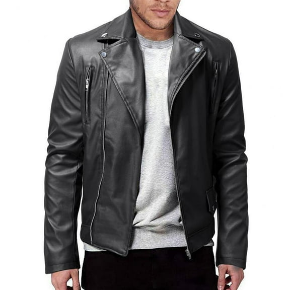 RYDCOT Mens Winter Long-Sleeved Slim Fit PU Leather Outwear Jacket Motorcycle Black Biker Jackets Vintage Faux Leather Outwear Casual Lightweight Zip Coat Top Black