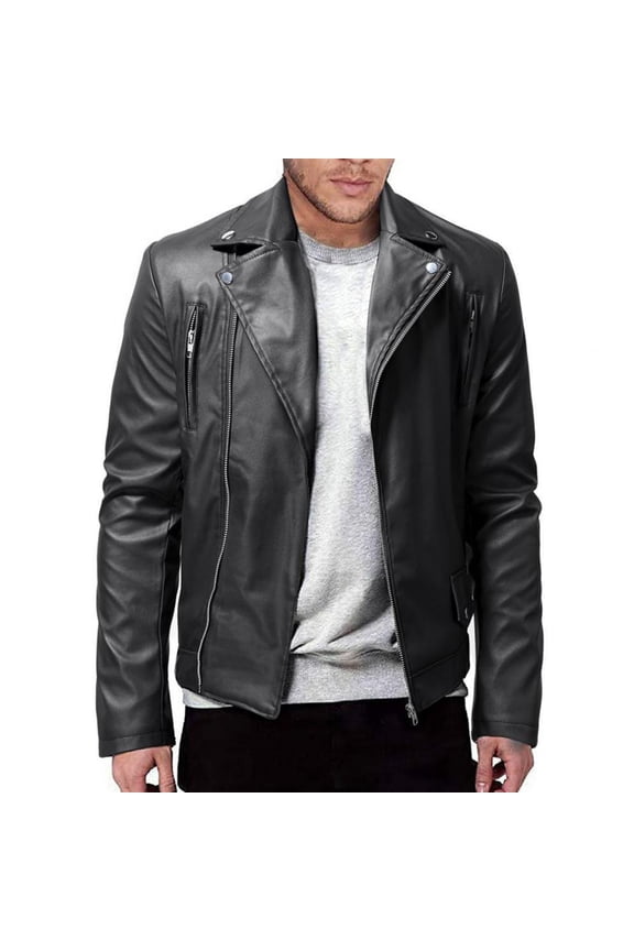 Mens Winter Long-Sleeved Slim Fit PU Leather Outwear Jacket Motorcycle Black Biker Jackets Vintage Faux Leather Outwear Casual Lightweight Zip Coat Top Black