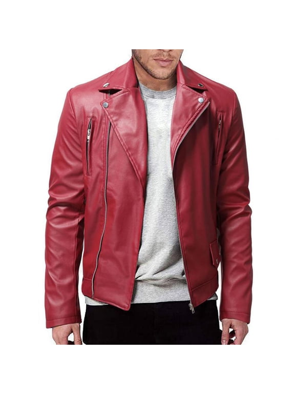 Mens Winter Long-Sleeved Slim Fit PU Leather Outwear Jacket Motorcycle Black Biker Jackets Vintage Faux Leather Outwear Casual Lightweight Zip Coat Top Red